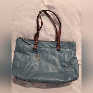 Blue Leather Tote Bag with Brown Straps